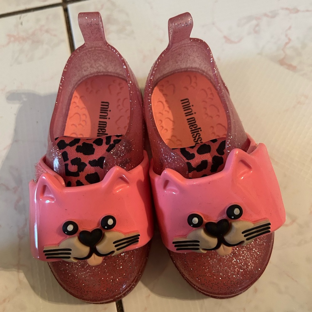Mini Melissa Glitter Pink Cat Face Slip-On Sandals